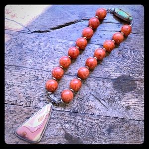 Turquoise and wood bead necklace